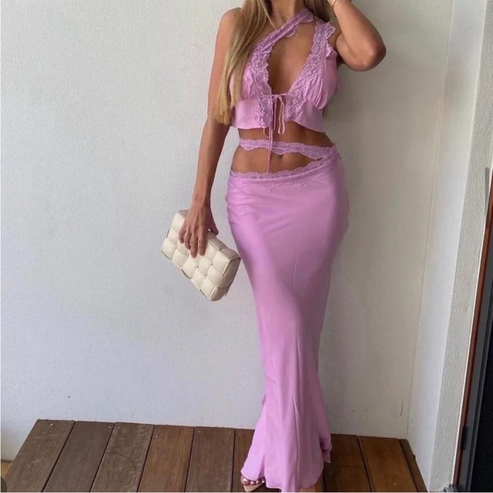 HOUSE OF CB 'Mathilda' Pink Lace Trim Maxi Skirt NWOT